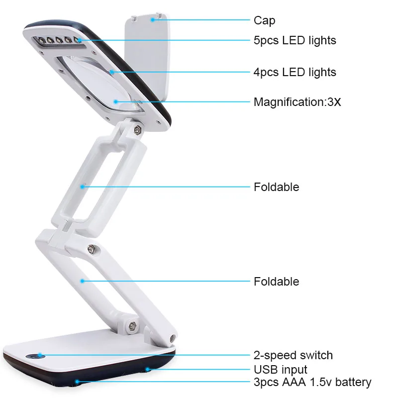AOMEKIE 3X Складная лупа светодиодный светильник Настольная лампа USB/батареи увеличительное стекло для чтения письма карманный размер