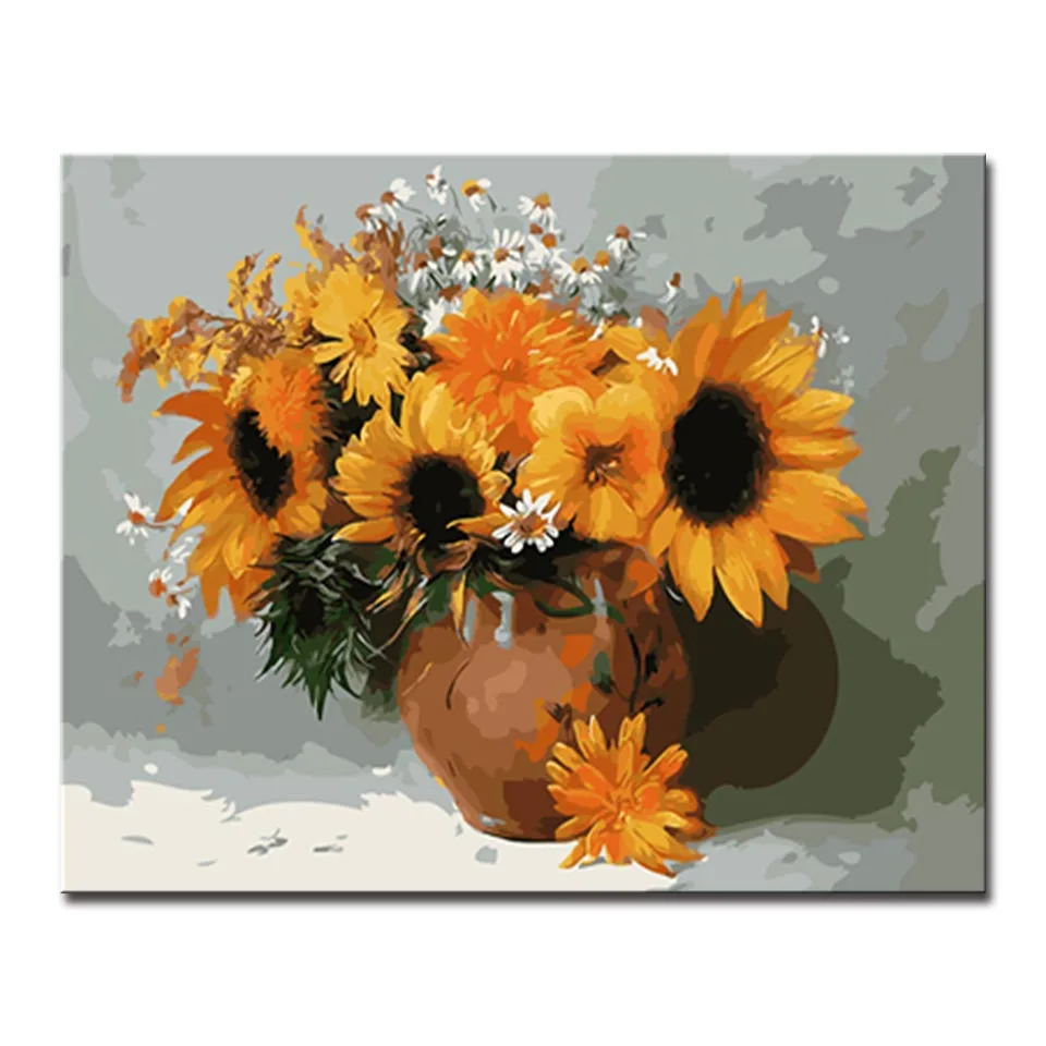 DIY Digit Oil Painting By Numbers Kits HandPaint Sunflowers Bouquet Pictures On Canvas Colors Home Decor Wall Art Scenery Craft