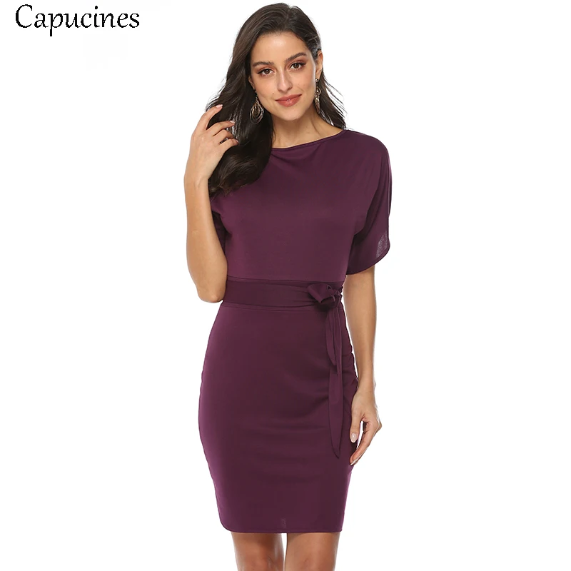 

Capucines 2018 Autumn Solid Sashes Casual Dress Women Batwing Sleeve O-Neck Knitted Dress Split Short Sleeves Mini T-shirt Dress