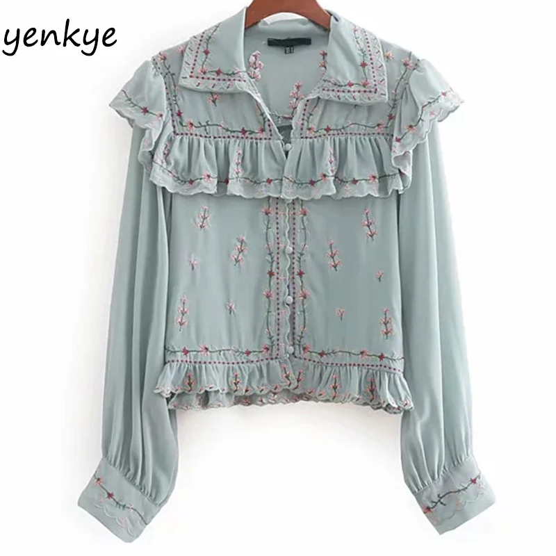 En Ligne Automne Femmes Floral Broderie À Volants Chemisier Lady Turn down Collar Manches Longues Mode Cultures Bloues Chemises Marque Blusas