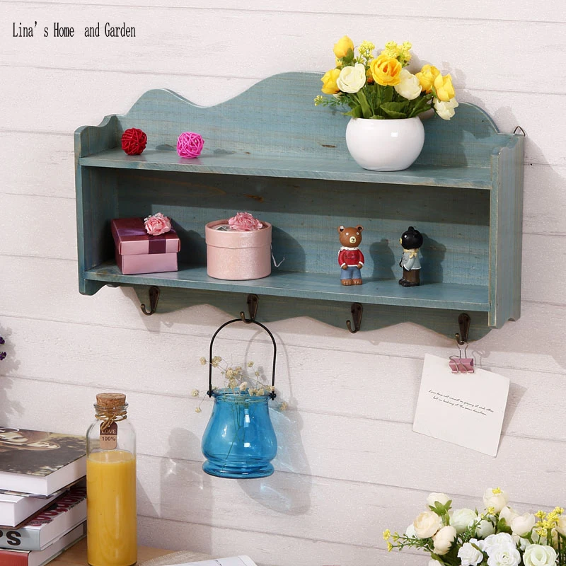

Small Beautiful Painted Wooden Vintage Shelf with Hooks
