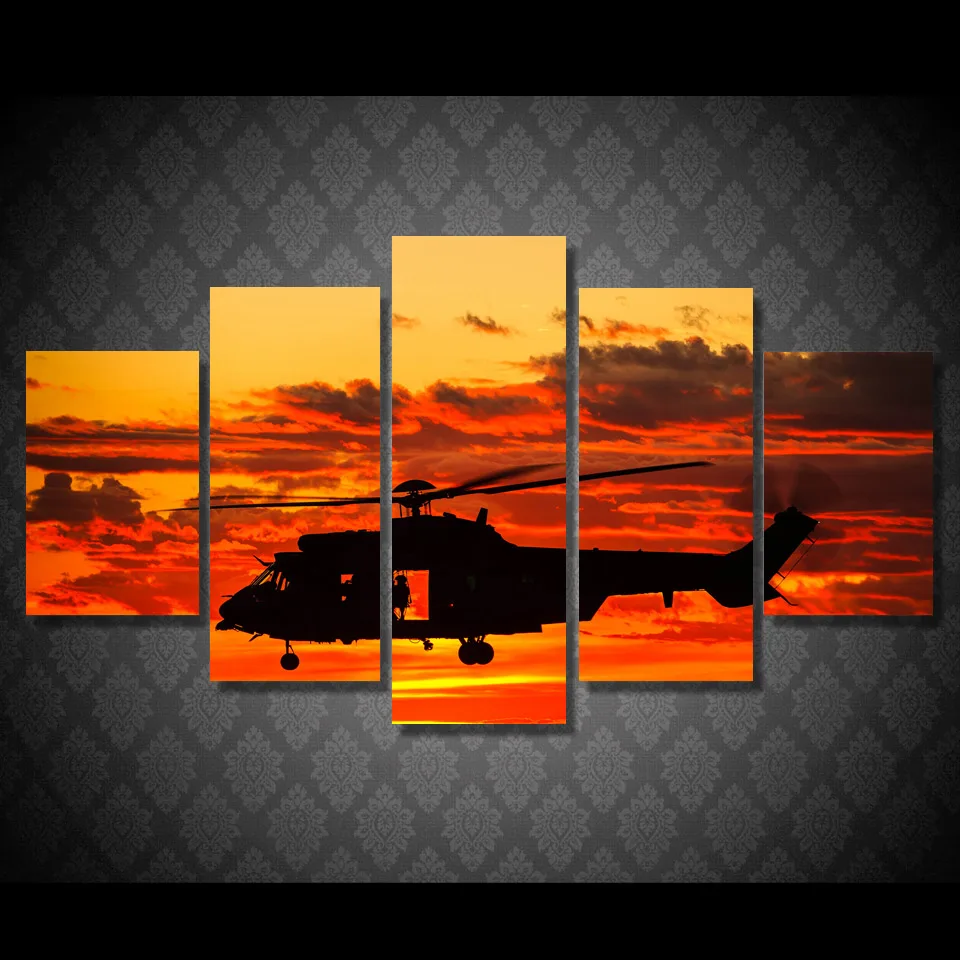 

5 Pcs Framed HD Printed Sunset Helicopter Wall Picture Painting On Canvas For Living Room Art Poster Print Schilderen Op Nummer