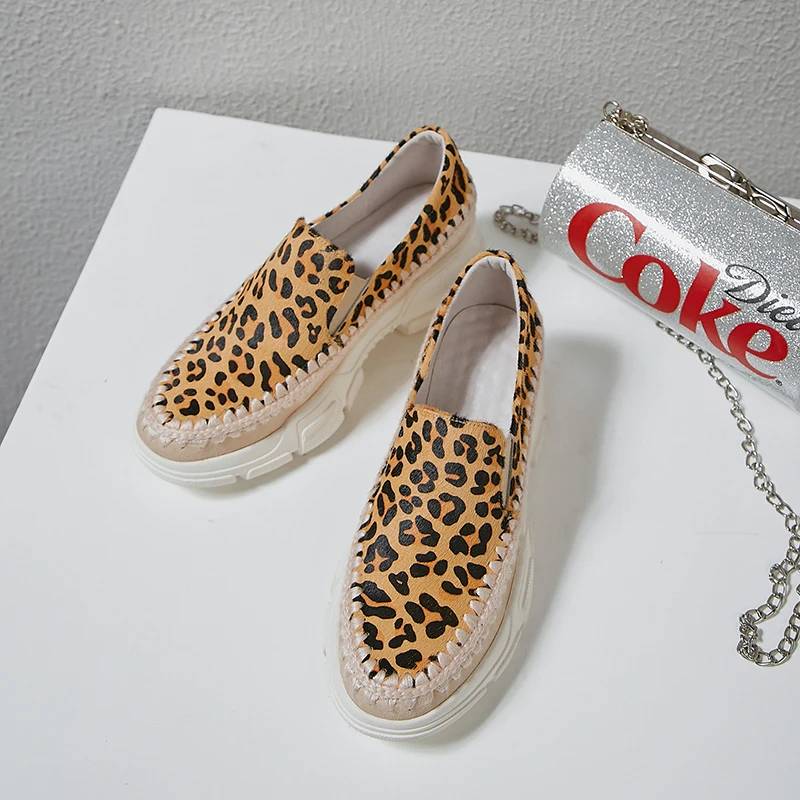 

Women's real horsehair slip-on platform flats loafers leisure thick sole espadrilles comfort leopard moccasins high quality shoe
