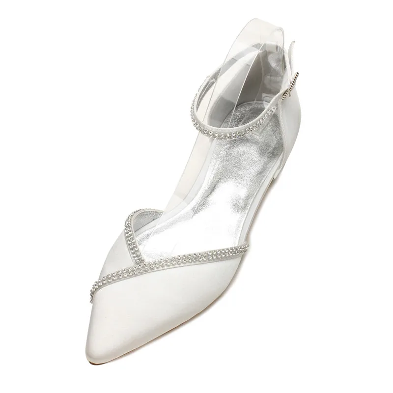 OnnPnnQ/Удобная атласная женская обувь на плоской подошве с острым носком и ремешком на лодыжке; вечерние свадебные вечерние туфли на плоской подошве - Цвет: Ivory
