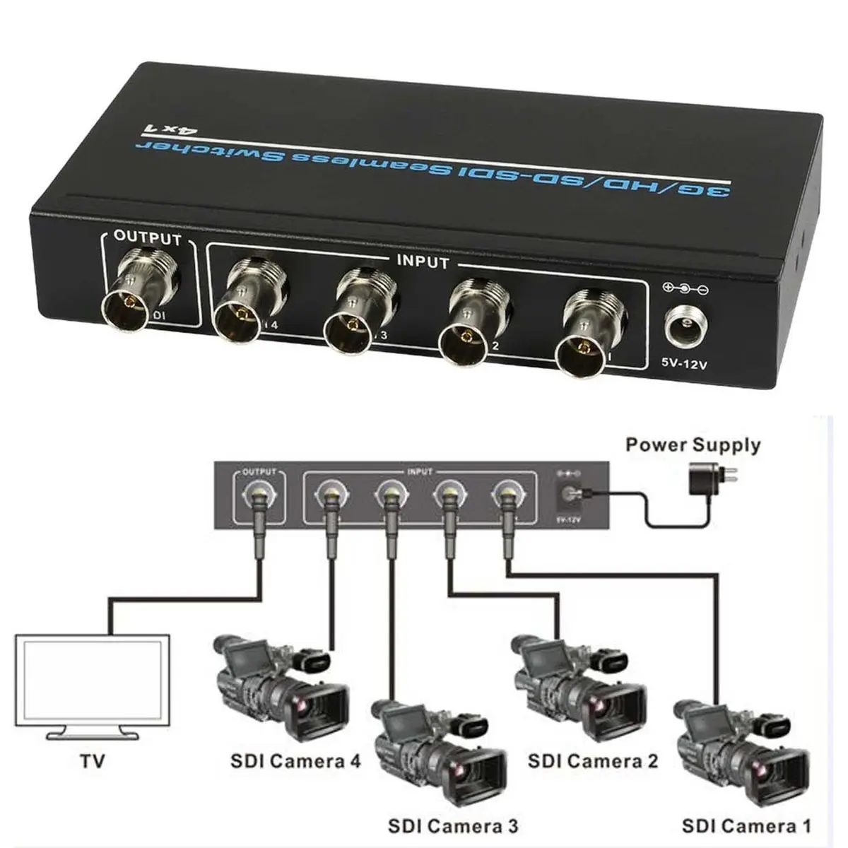 

Lossless over long distances 100m 4 Port BNC SDI HD-SDI 3G SDI Seamless Switcher Scaling 4x1 Switch 1080P + IR Remote Control