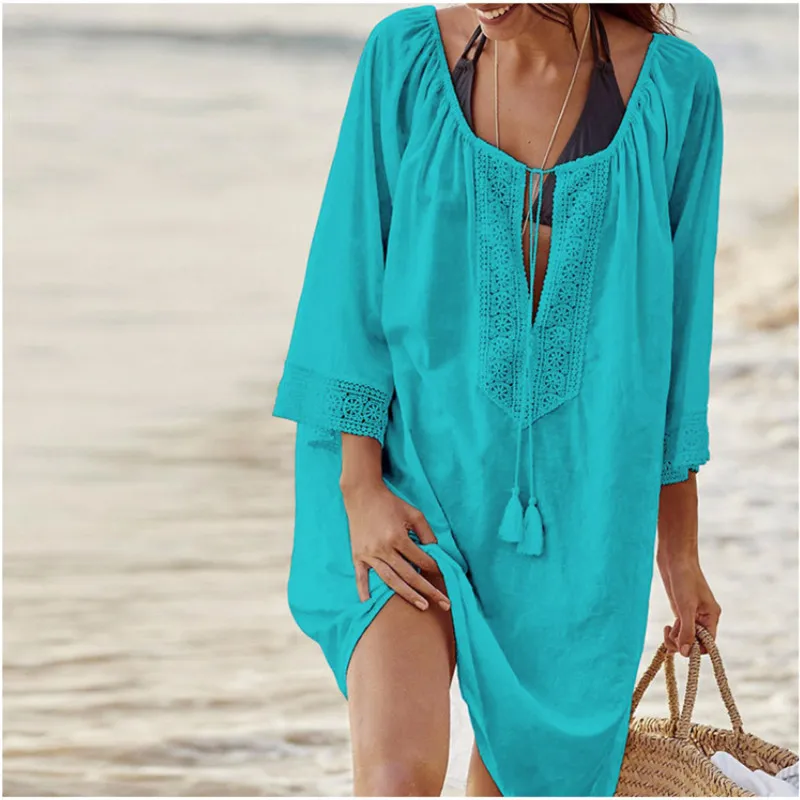 Женская летняя пляжная одежда размера плюс, топы, хлопковая туника, Пляжное платье, купальник, накидка, купальник, юбка, туника, сексуальный саронг, парео - Цвет: 363 Lake blue