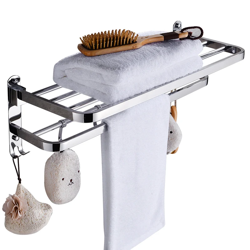 

Wall Mounted Towel Holder Polished Silver 304 Stainless Steel Towel Rack Folding Bathroom Shelf 2-tier Bathroom Double Towel Bar