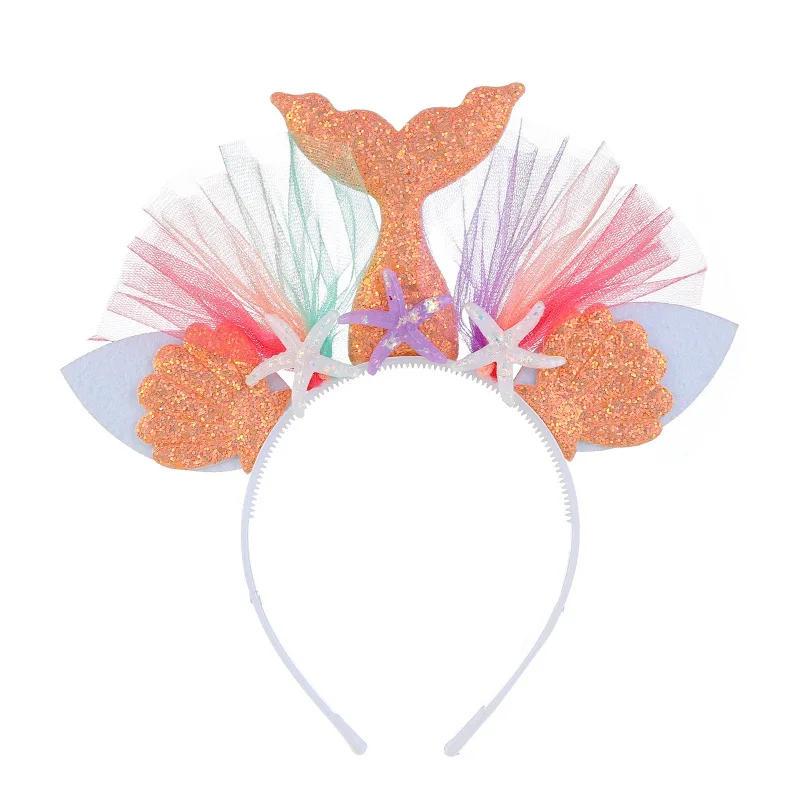 Блестящая повязка на голову для Русалочки принцесса сетка пряжа в виде ракушки цветок животных обруч вечерние аксессуары для волос из кружева для детей