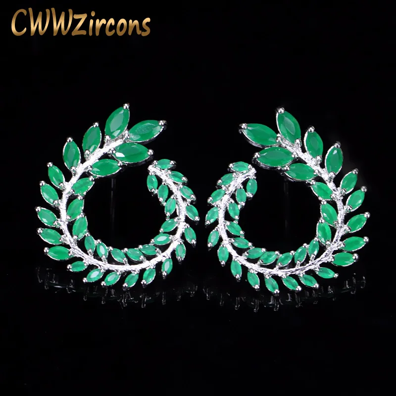 

CWWZircons Trendy Symmetrical Women Ear Jewelry White Gold Color Big Marquise Green Crystal Big Leaves Earring CZ174