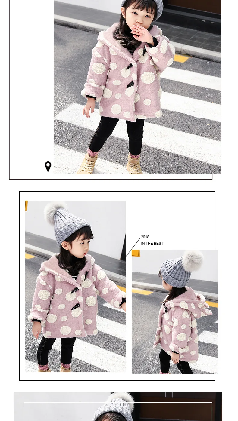 Повседневное шерстяное пальто с капюшоном для мальчиков и девочек от 2 до 8 лет, зимнее пальто средней длины в Корейском стиле, Толстая теплая модная куртка в горошек