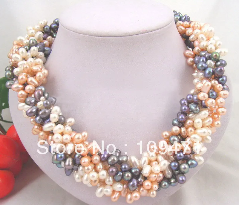 

6Strand White&Pink&Black Pearl Necklace-Cameo Clasp
