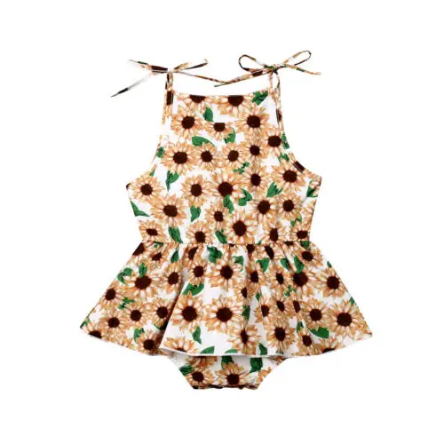 

2019 Summer Newborn Baby Girl Sleeveless Bandage Ruffles Sunflower Romper Jumpsuit Dress Clothes Summer Outfit