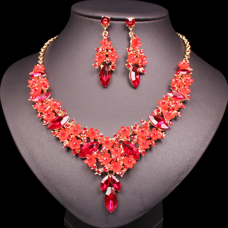 Cute Red Crystal Resin Flower Necklace Earrings Sets