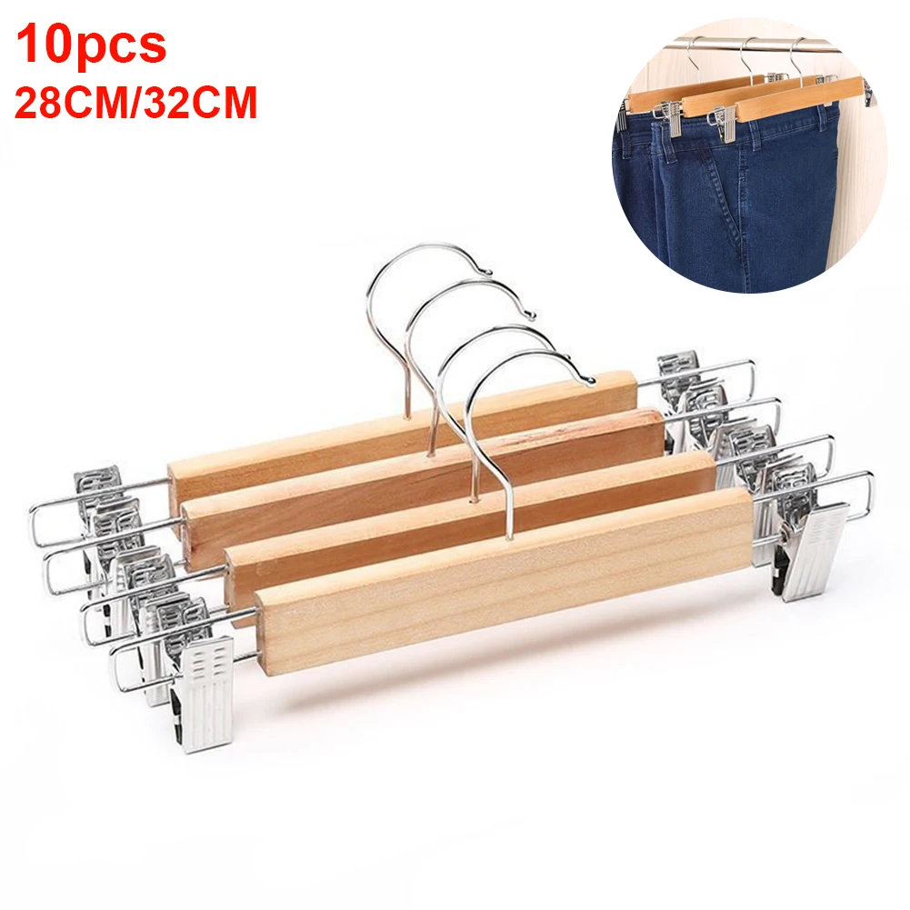 10pcs Durable Skirt Practical Anti Slip Laundry Clothes Hanger Pants Home Anti-rust Natural Slack With Clips Wooden Adjustable