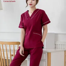 Растягивающаяся Ручная стирка одежды с короткими рукавами, одежда доктора, чистый хлопок, операционная комната, женский салон красоты, костюм медсестры с разрезом