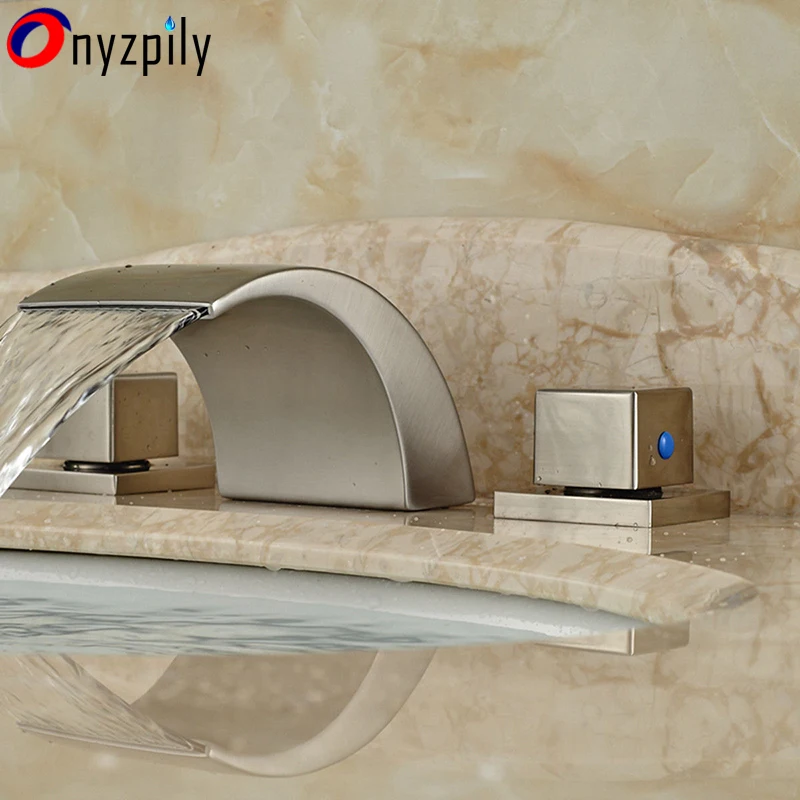 

2 Handles Water Tap Brushed Nickel Bathroom Basin Faucet Deck Mounted Widespread