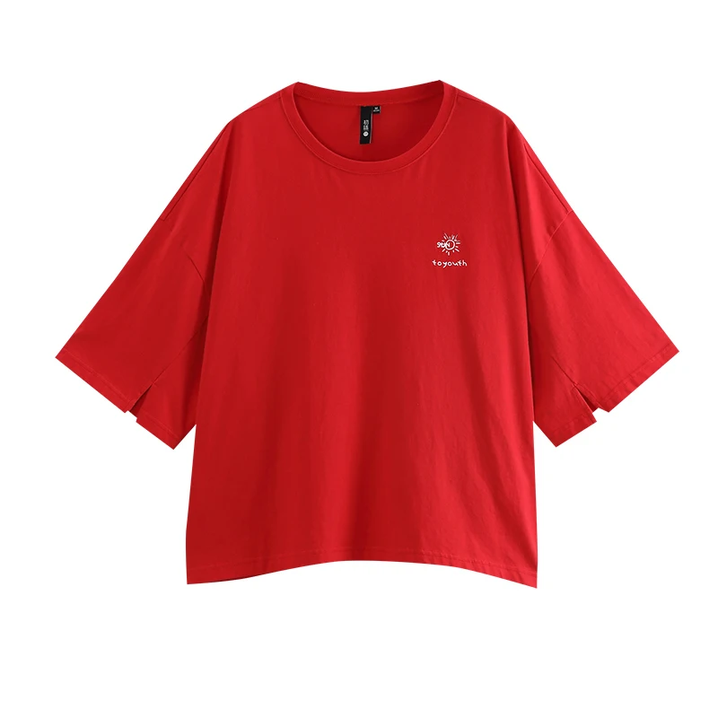 Toyouth Весенняя женская футболка с коротким рукавом, Повседневная одноцветная футболка с круглым вырезом, Новое поступление, женские хлопковые свободные топы больших размеров - Цвет: red