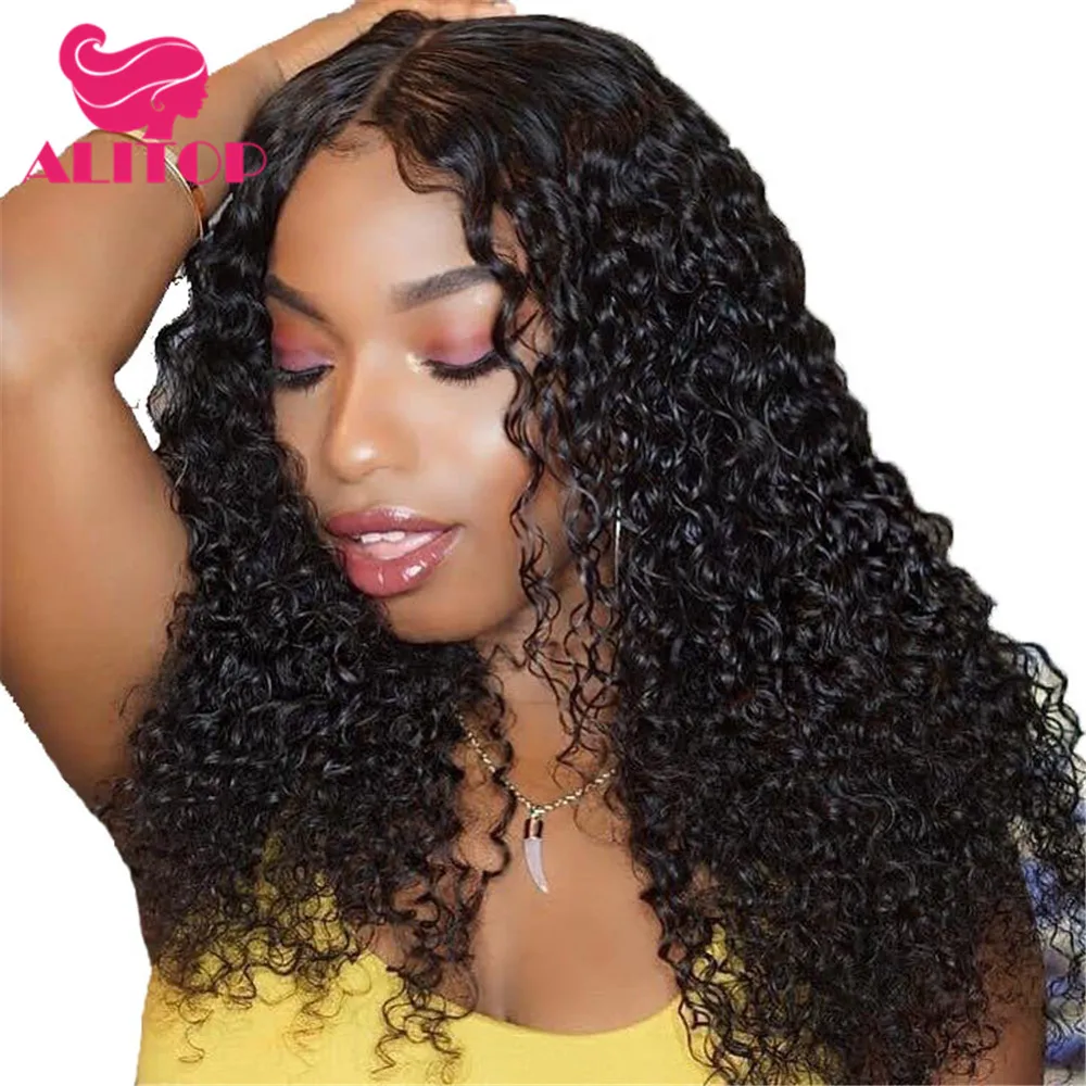 

ALITOP Pre Plucked Kinky Curly Wigs Women Lace Front Human Hair Wigs Full End With Baby Hair Peruvian Remy Hair Bleached Knots