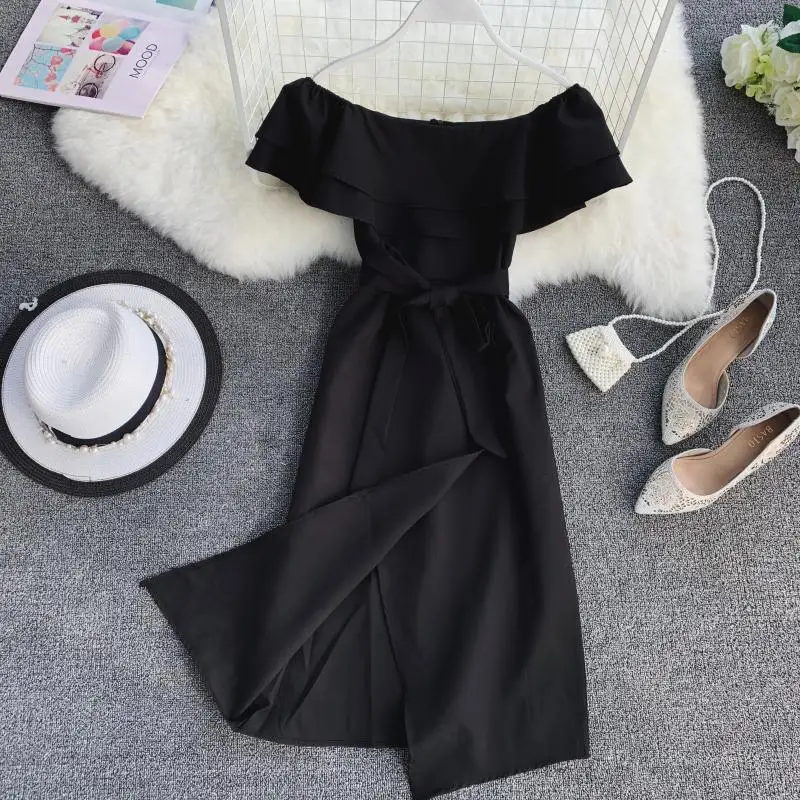 ALPHALMODA 2019 الرجعية نقية اللون تكدرت قبالة الكتف طوق الصلبة عالية الشق مثير اللباس السيدات عالية الخصر الزنانير عارضة Vestidos
