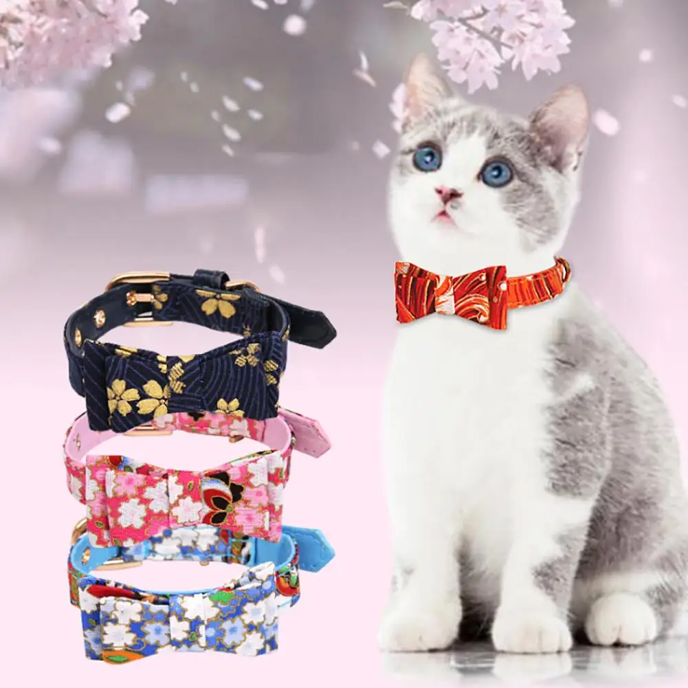 

1Pc Soft Japanese Flower Printed Bowknot Pet Collar Adjustable Faux Leather Cat Dog Neck Collar Pets Supplies