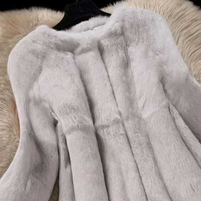 Пальто с натуральным кроличьим мехом, женское осенне-зимнее пальто с карманами, тонкое, средней длины, с полным мехом, верхняя одежда, Женская куртка, большой размер - Цвет: light grey