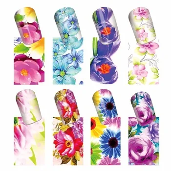 WUF 1 Sheet Optional Full Cover Nail Water Decals Colorful Flower Pattern Sticker For Nails