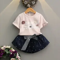 LAKAKSTY/модные детские комплекты одежды для девочек, летняя одежда для маленьких девочек, розовая полосатая футболка + штаны для детей