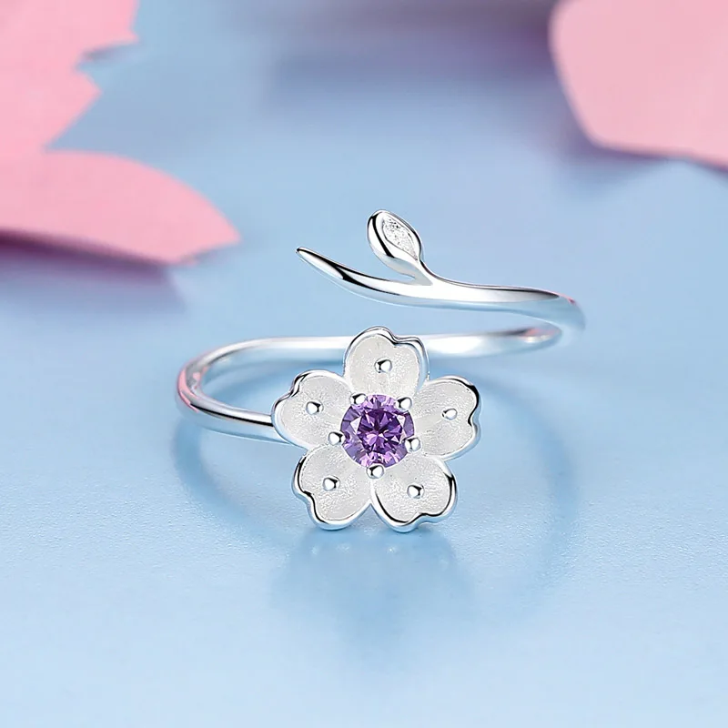 1PC Hot Pink Purple Cherry Blossoms Crystal Flowers Adjustable Rings For Women Girls Finger Decoration Ring Jewelry