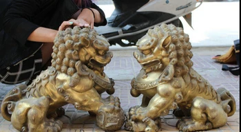 

bi002496 16" Folk Chinese Brass Animals Protect FengShui Foo Fu Dog Lion Ball Statue Pair