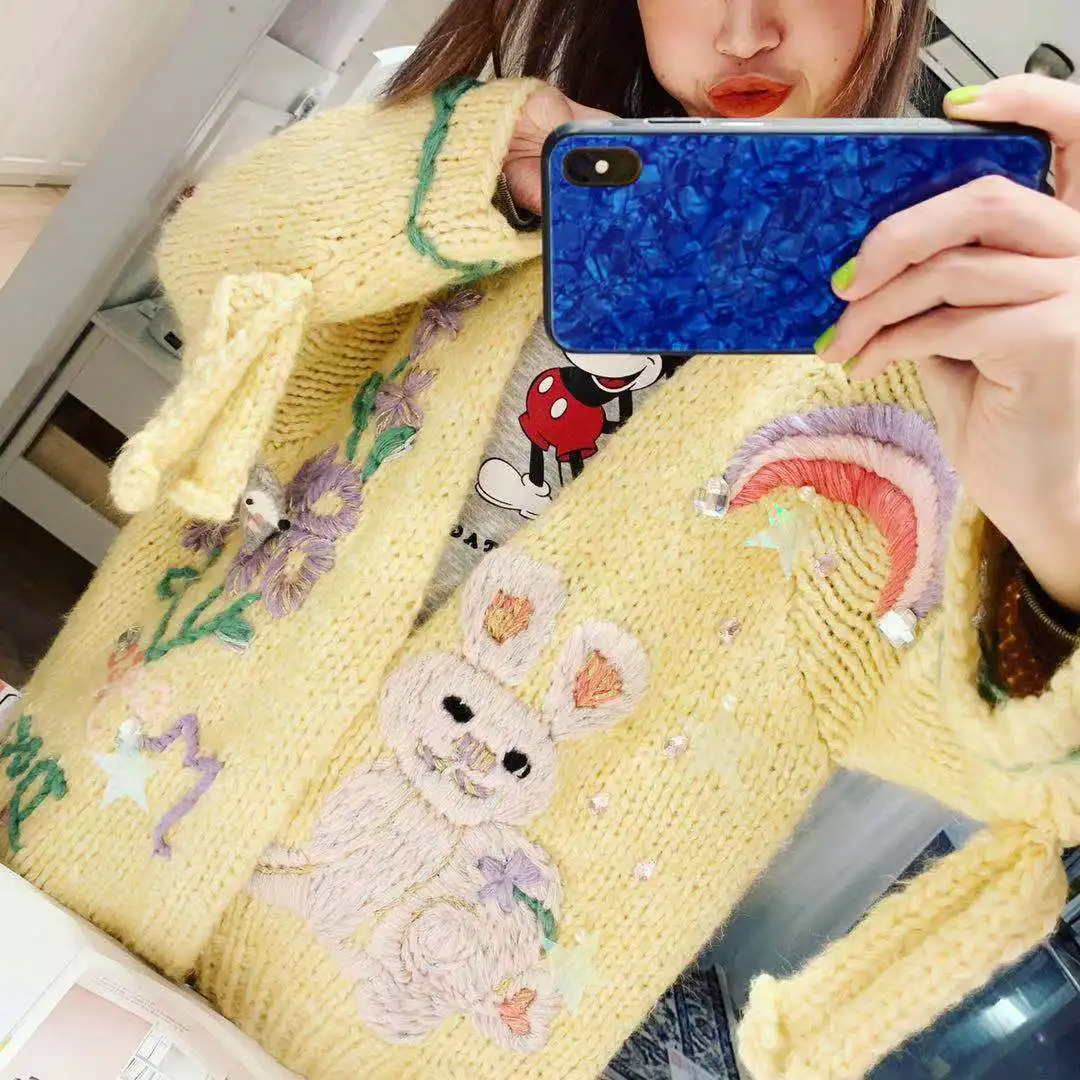 

2019 Direct Selling Full Poncho Jumper Winter New Heavy Hand-woven Rabbit Embroidery Sweater Cardigan Female Cute Sen Knit Girl