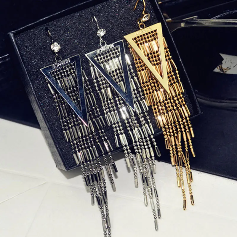 long tassel metal alloy earrings chain triangle temperament retro female party wedding hook for women | Украшения и аксессуары