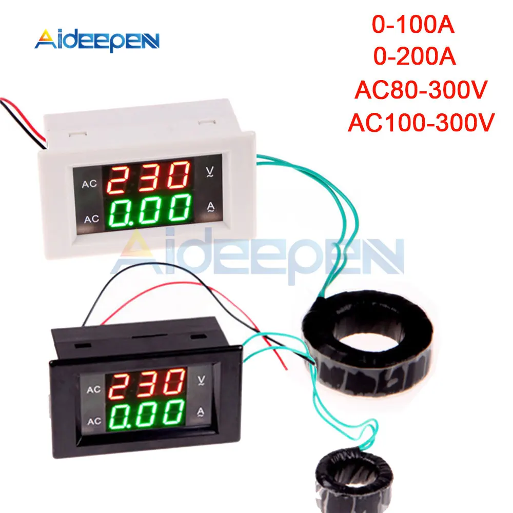 

100A 200A 110V 220V Digital Ammeter Voltmeter Voltage Current Meter LCD Panel Red Green Display with AC Current Transformer