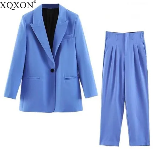 

2019 Women Blue Casual Suit Set Single Button Blazer Jacket High Waist Pagerbag Pants Suit Office Lady Formal Two Piece Set