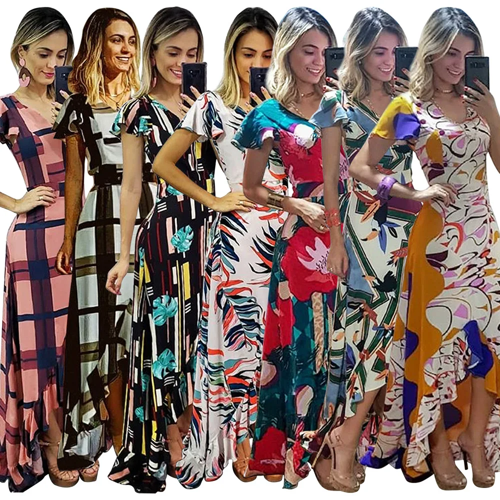

Print Elegant Mermaid Dress Women Front High Split Cut Out Bandage Long Dress Vintage Off Shoulder Party Beach Dress2019