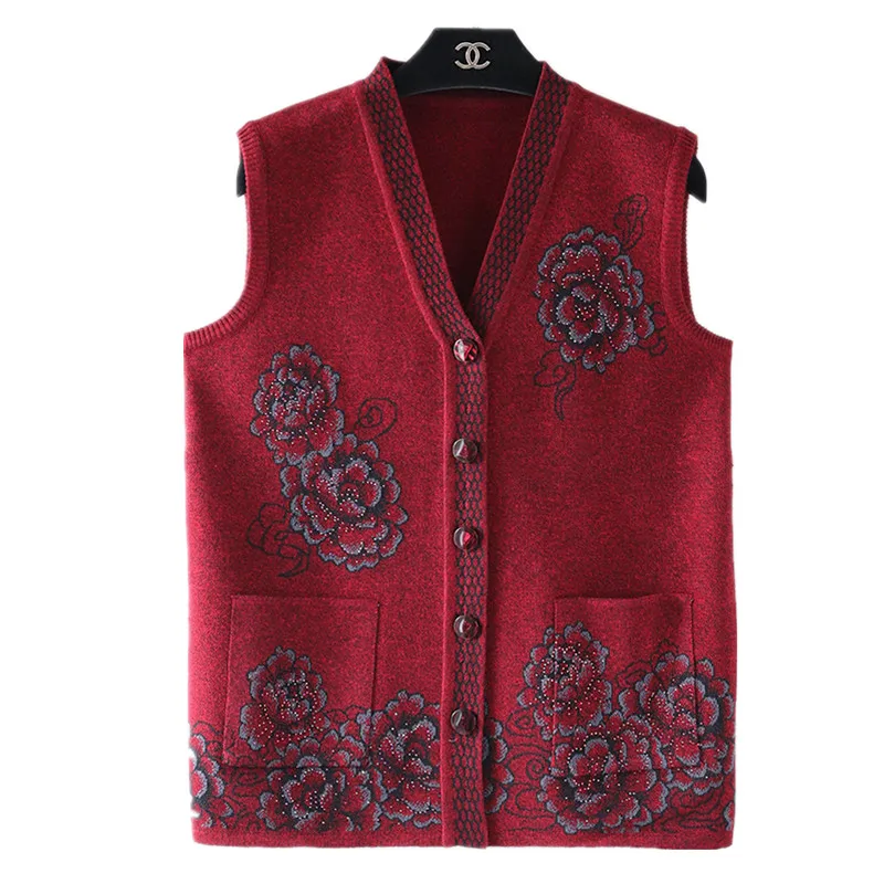 Весенне-осенний свитер для бабушки, вязаное пальто без рукавов, большой размер 5XL, Свободный теплый жилет с v-образным вырезом, женский кардиган, повседневный Топ - Цвет: Red wine