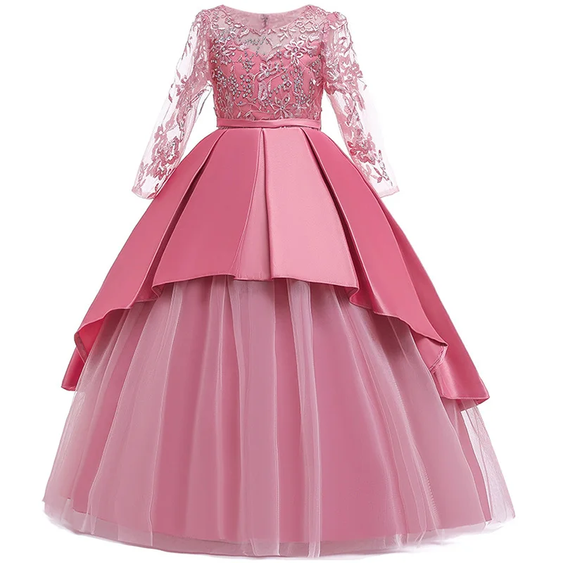 Детское платье новые сетчатые и вышивкой, платье для принцессы, юбка с длинным рукавом для девочек, торжественное платье длинное платье От 4 до 14 лет