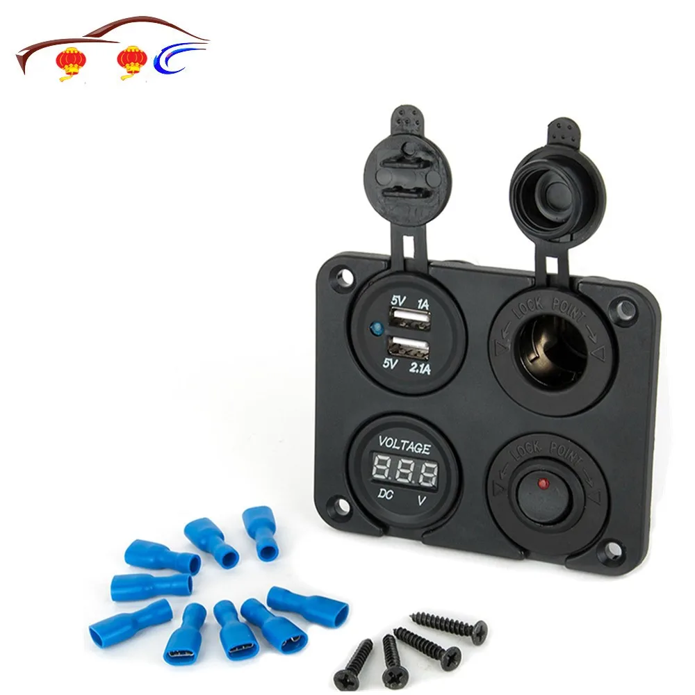 

4 2 Micro USB Car Charger Cigarette Lighter Adapter Plug Rocker Switch Panel + LED Voltage Display