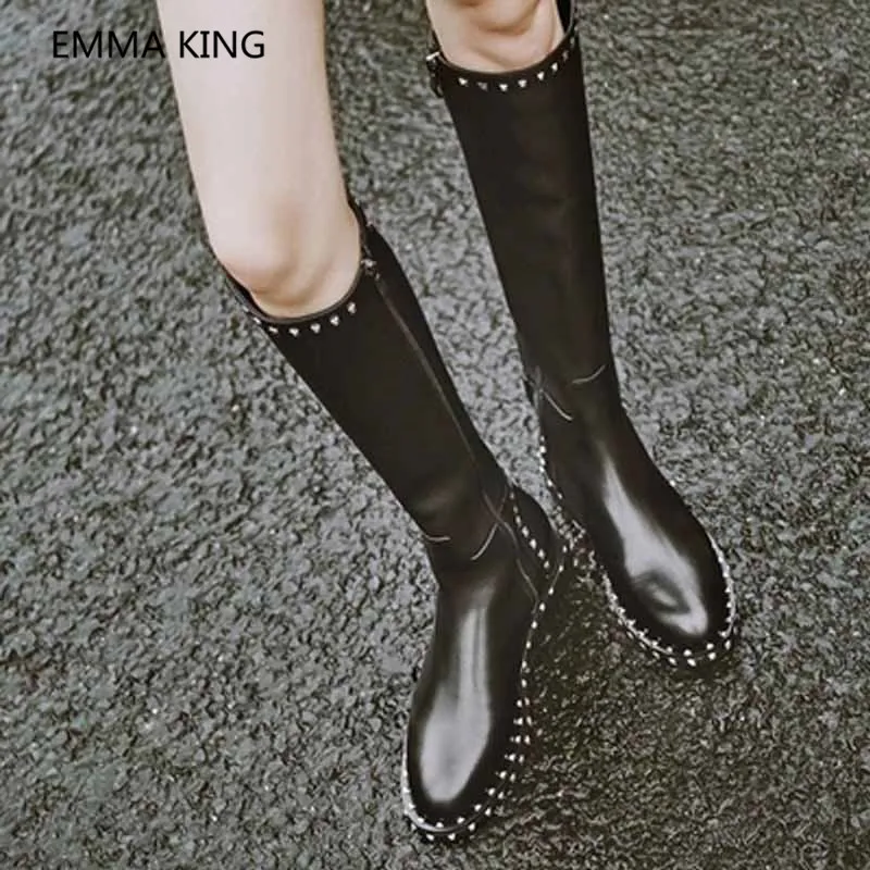 

New Black Leather Women Knee High Flats Boots Round Toe Casual Autumn Winter Gothic Shoes Silver Rivets Female Long Knight Boots