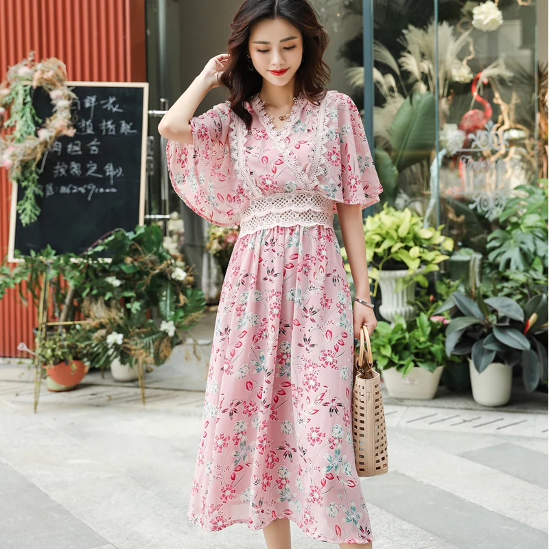 2019 autumn New Women's clothing dresses slim slimming temperament
ladies lace waist floral chiffon long dress