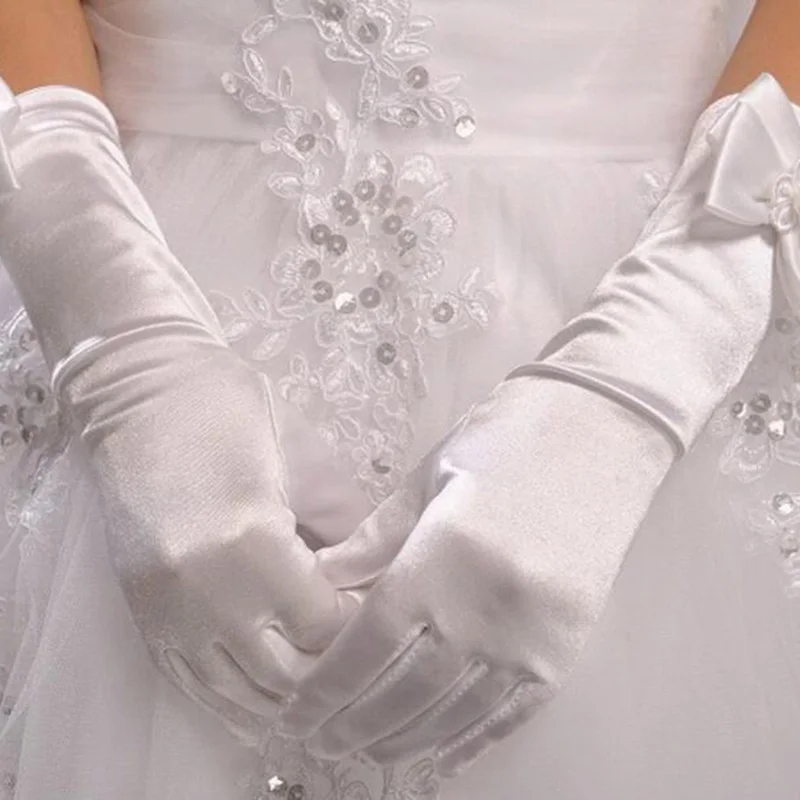 Эластичный, платье в строгом стиле для девочек этикет перчатки из сатина с украшениями в виде цветов с бантом в форме цветка и жемчугом длинные кружевные перчатки для стрельбы из лука Детские платья принцессы танцевальные перчатки дети подарок G65 - Цвет: White