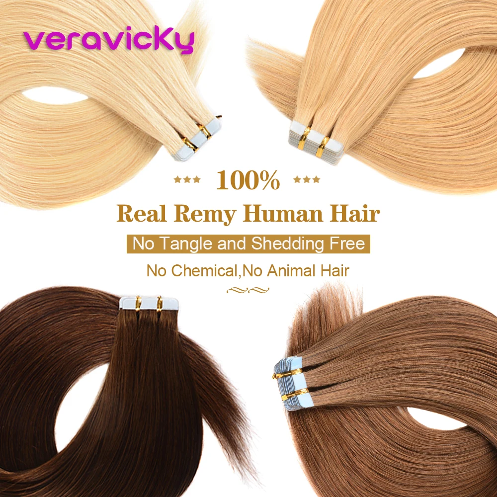 

Veravicky Tape in Real Human Hair Extensions Remy Invisible Double Sided Tape 16inch10/20pcs Virgin HairExtension(Black Blonde)