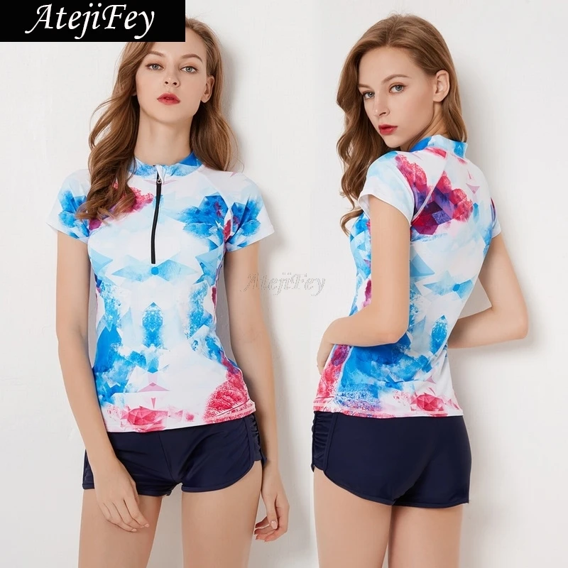 

Plus Size Women's Bikinis 2 Pcs/Set 4XL Lady Girl Swimwear Printed Short Sleeve Shirts & Bodyshorts Front Zipper Beach Bath
