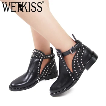 

WETKISS Summer Ankle Boots Women Studded Motorcycle Boots Woman Rivet Motorcycle Shoes Female Low Heels Shoes Ladies 2019 New