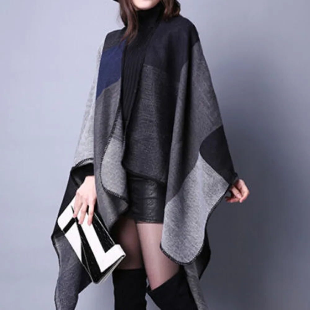 Женская двусторонняя шаль, зимнее вязаное кашемировое пончо, накидки, шаль, кардиганы, свитера, пальто, Повседневная накидка, пальто, кашемировая шаль