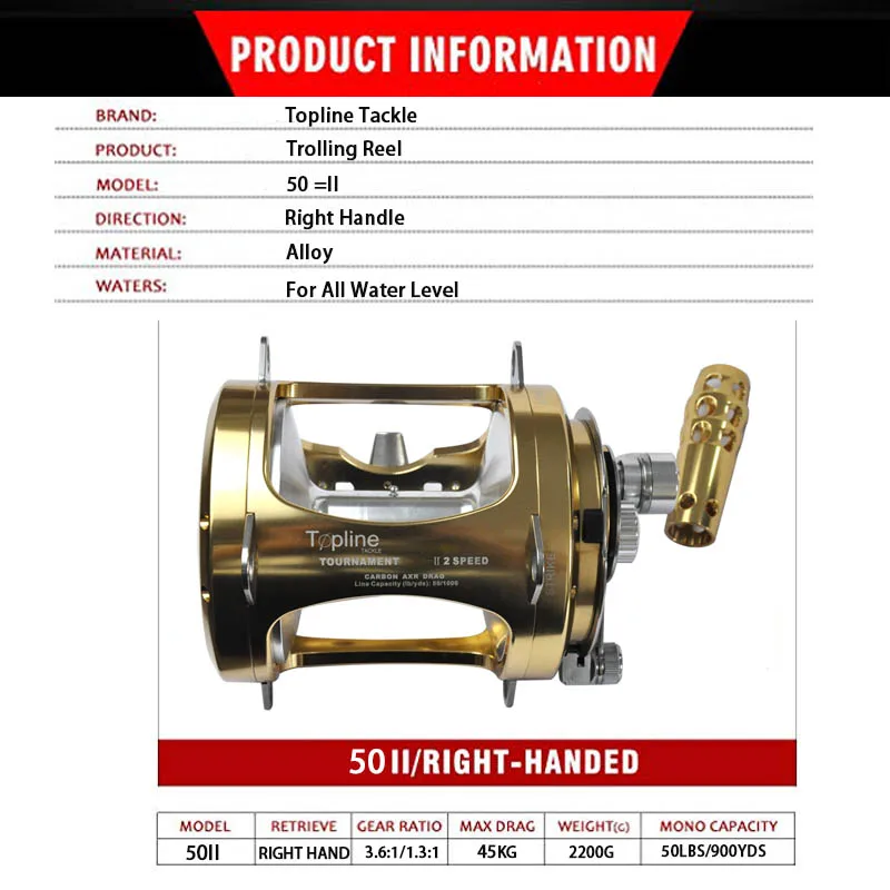 Topline снасти троллинг катушка для рыбалки 50 Вт два уровня скорости тянущиеся катушки Алюминиевый ЧПУ обработанный 38 кг Макс Драг Морская Лодка