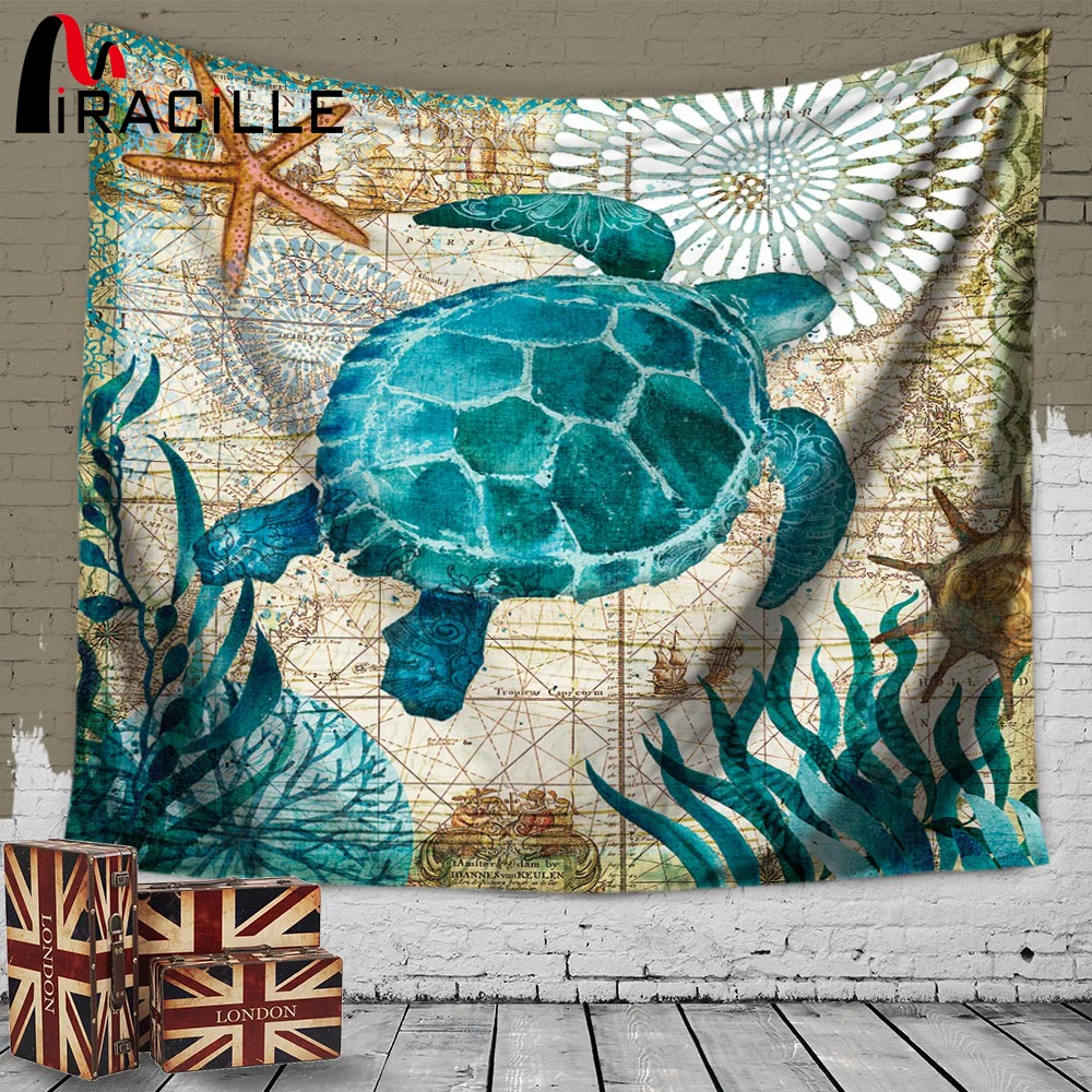

Miracille Marine Style Sea Turtle Wall Tapestry Sea Horse Pattern Home Decorative Tapete Bedroom Blanket Table Cloth Yoga Mat