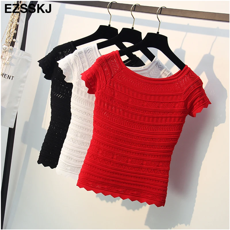 

basic t shirt women 2018 new O-neck black knit t-shirt for women hollow out casual t shirt female slim short sexy tops tees crop