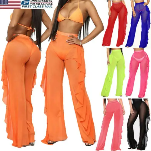 

New Sexy Ruffle Women Beach Mesh Pants Sheer Wide Leg Pants Transparent See through Sea Holiday Cover Up Bikini Trouser Pantalon