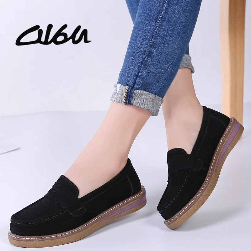O16U mujer mocasines zapatos planos mujer gamuza cuero on Moccains damas zapatos informales Penny loafer zapatillas negro|Zapatos de mujer| - AliExpress