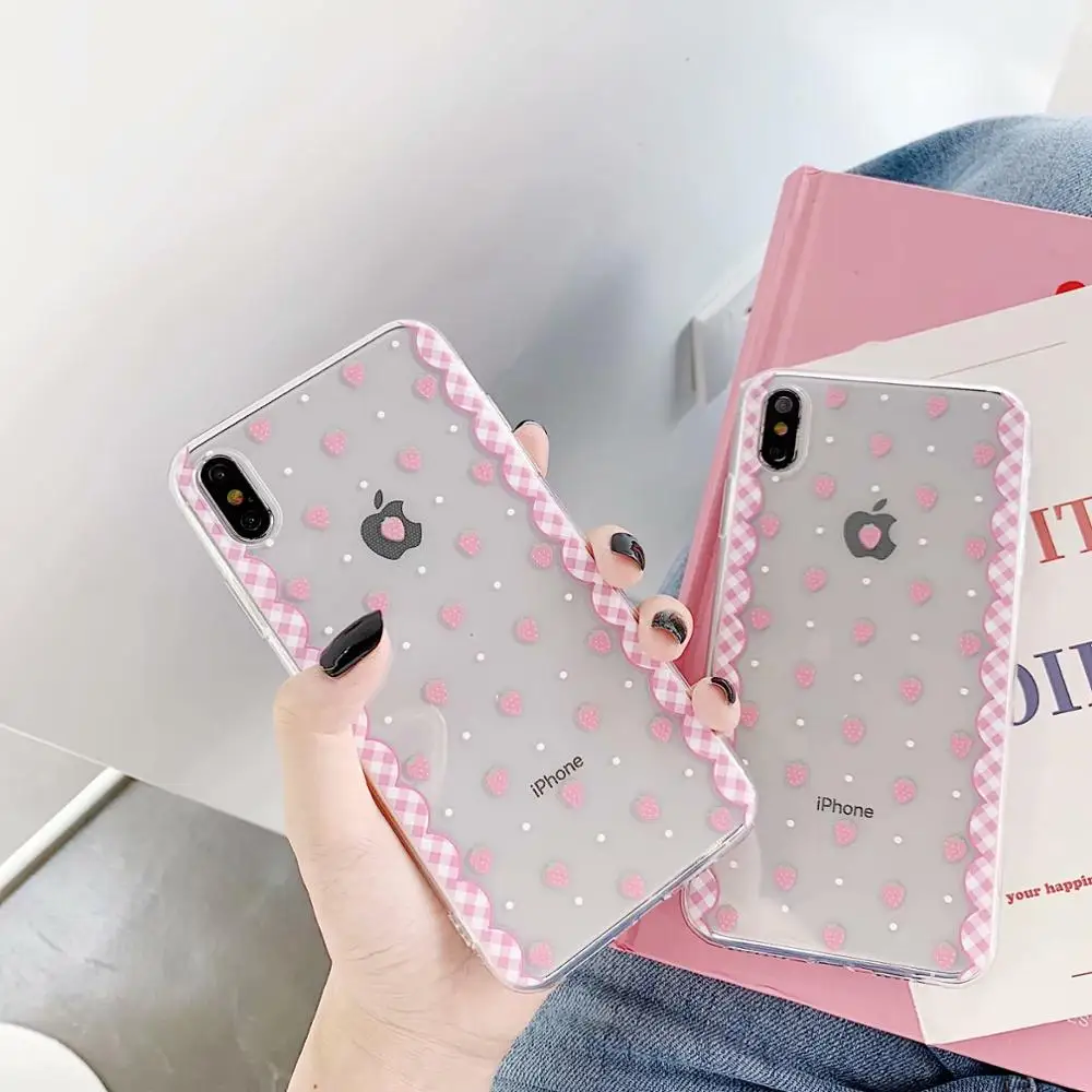 

Fashion Pink Strawberry Soft TPU Case For iPhone 8 7 Plus 6 6s Plus Case Transparent Silicone For iPhone XS MAX XR X Case Cover